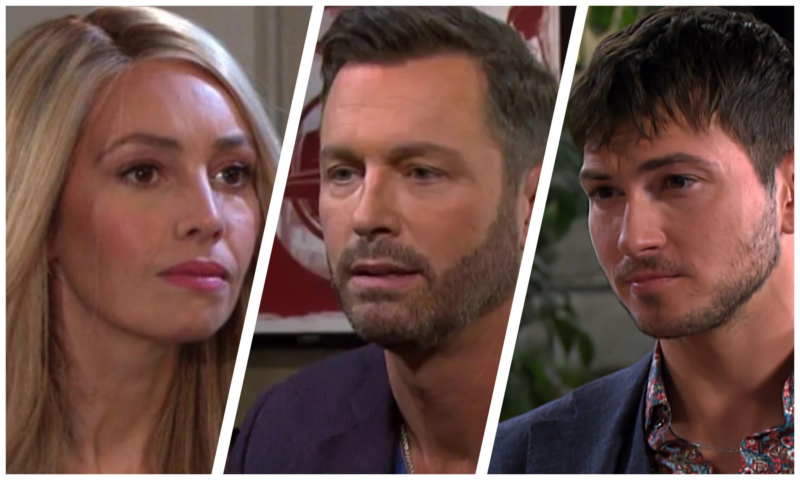 Collage of Days Of Our Lives characters Theresa Donovan with a determined look Brady Black appearing concerned and a suspicious Alex Kiriakis