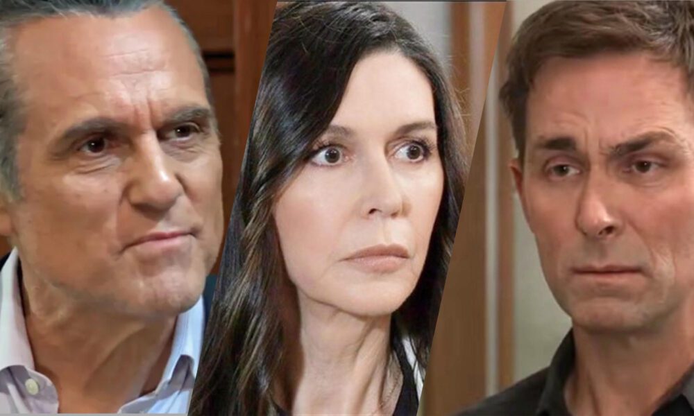 General Hospital characters Sonny Corinthos, Anna Devane, and Valentin Cassadine in tense confrontation