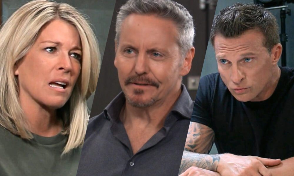 Carly Spencer looks concerned as Jack Brennan looms in the background on General Hospital