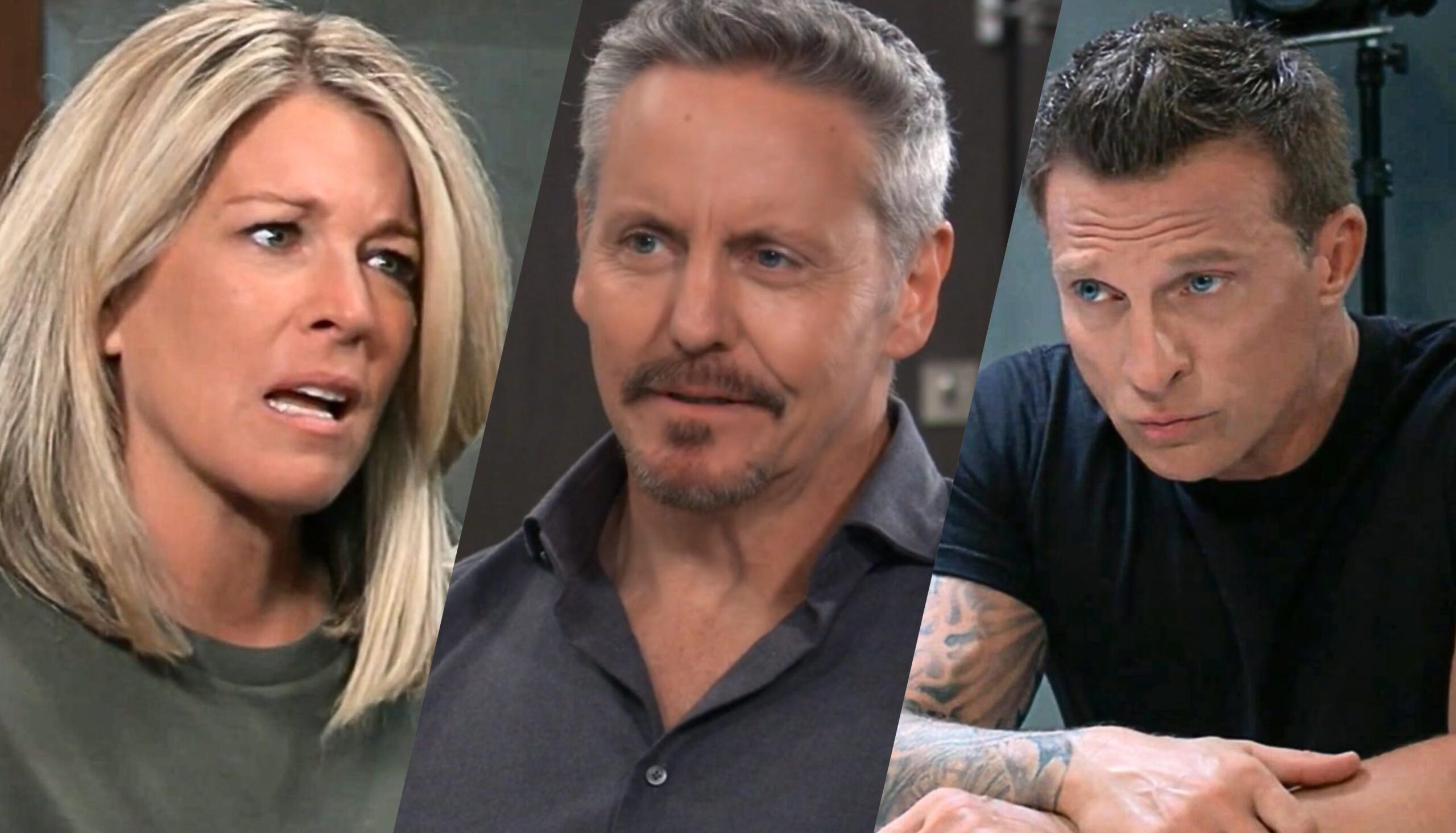 Carly Spencer looks concerned as Jack Brennan looms in the background on General Hospital
