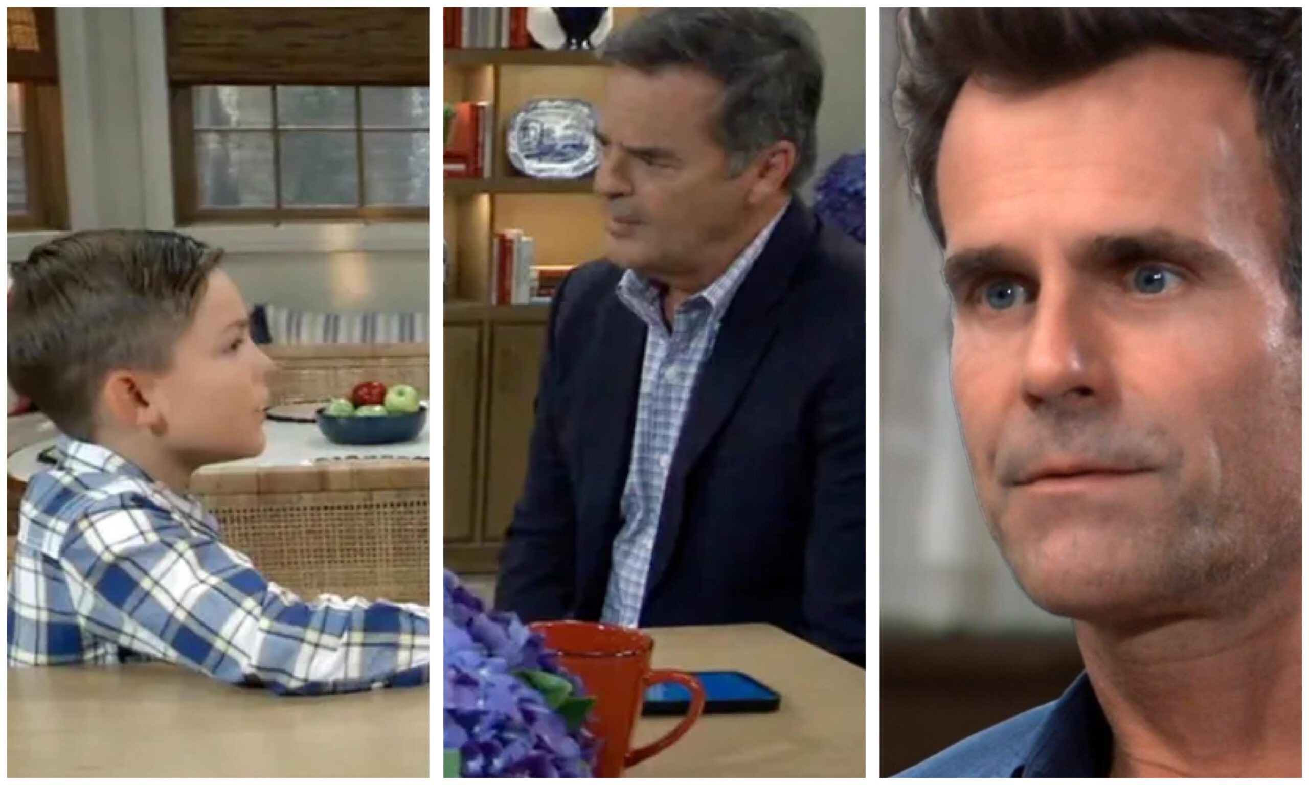 General Hospital's Ned Quartermaine confronts Drew Cain, threatening to expose his secret unless he gives up his ELQ shares