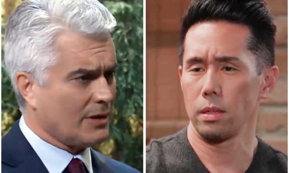 Rick Hearst as Ric Lansing looking worried, Parry Shen as Brad Cooper looking smug in General Hospital