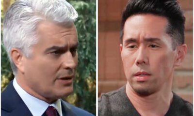 Rick Hearst as Ric Lansing looking worried, Parry Shen as Brad Cooper looking smug in General Hospital
