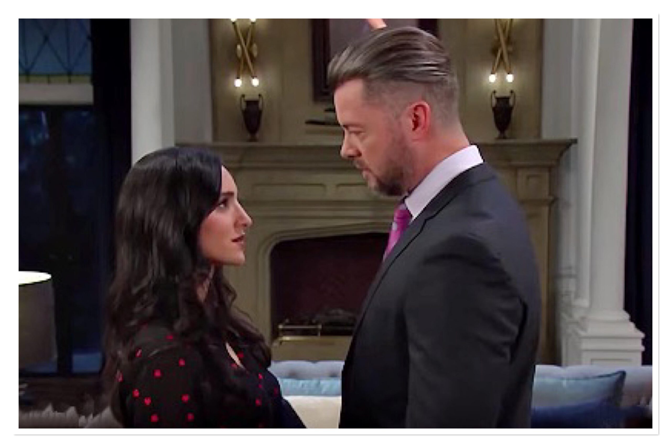 Days of Our Lives EJ DiMera comforts distraught Gabi Hernandez DiMera at DiMera mansion while Stefan remains missing