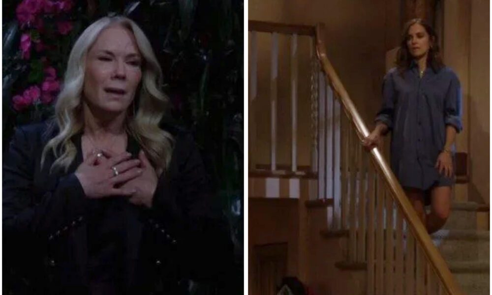 Bold and Beautiful spoilers Taylor Hayes wearing Ridge Forrester shirt confronts shocked Brooke Logan dramatic staircase scene