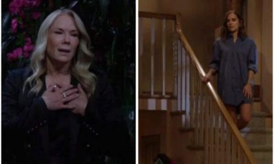 Bold and Beautiful spoilers Taylor Hayes wearing Ridge Forrester shirt confronts shocked Brooke Logan dramatic staircase scene
