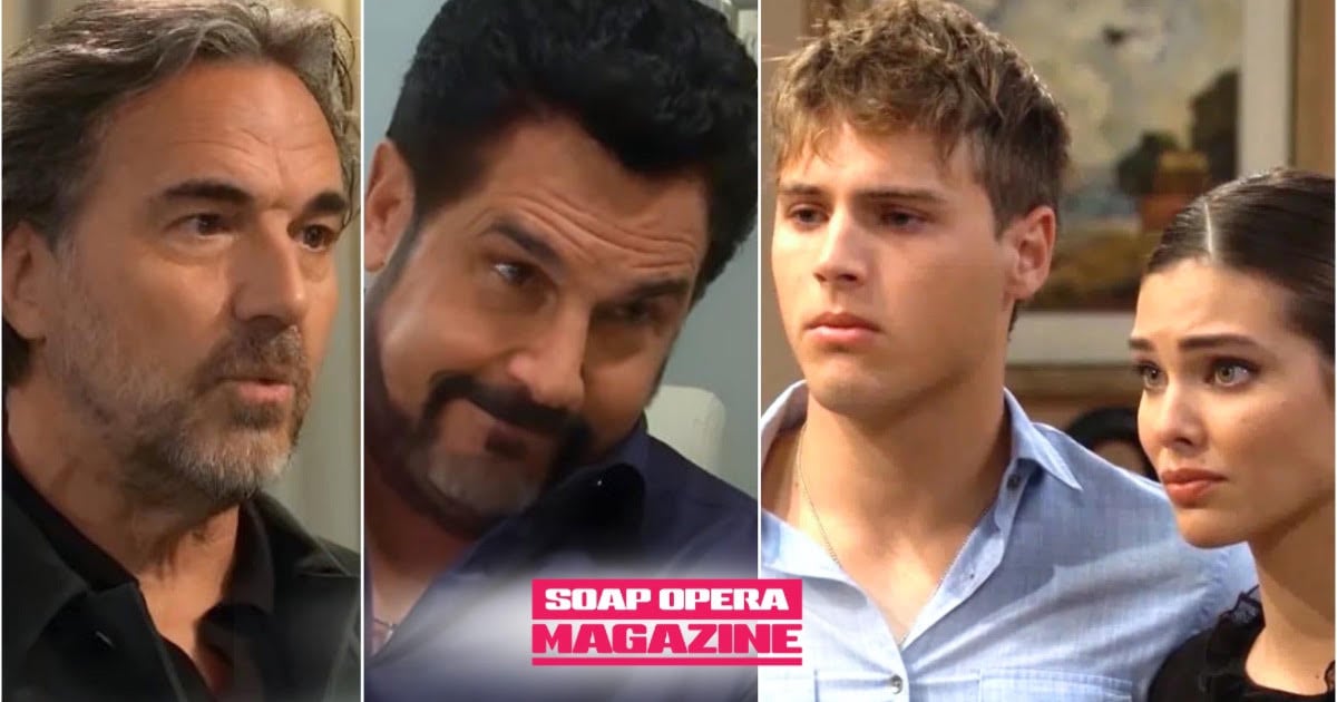 Bill Spencer looks smug while Ridge Forrester glares and Will Spencer stands devastated on The Bold and the Beautiful.