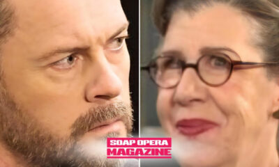 EJ DiMera holds a suspicious pill while Rita smiles behind him on Days of Our Lives