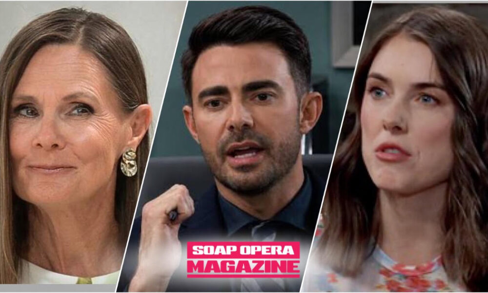 Lucy Coe looks away from a detective's question on General Hospital