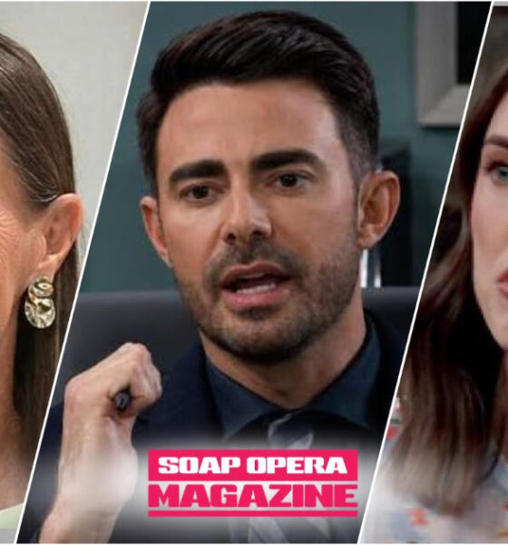 Lucy Coe looks away from a detective's question on General Hospital