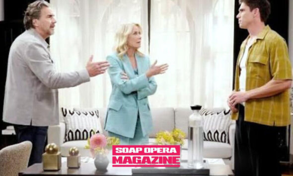 Ridge Forrester and Brooke Logan react as Finn interrupts their Monaco client meeting on The Bold and the Beautiful Spoilers