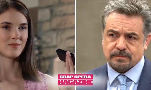 Willow Cain holds her phone after secretly recording Jack Brennan at the gatehouse on General Hospital