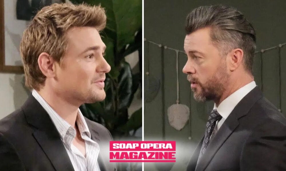 Johnny DiMera right, cornered but steady. DiMera mansion living room behind them