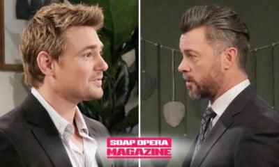 Johnny DiMera right, cornered but steady. DiMera mansion living room behind them