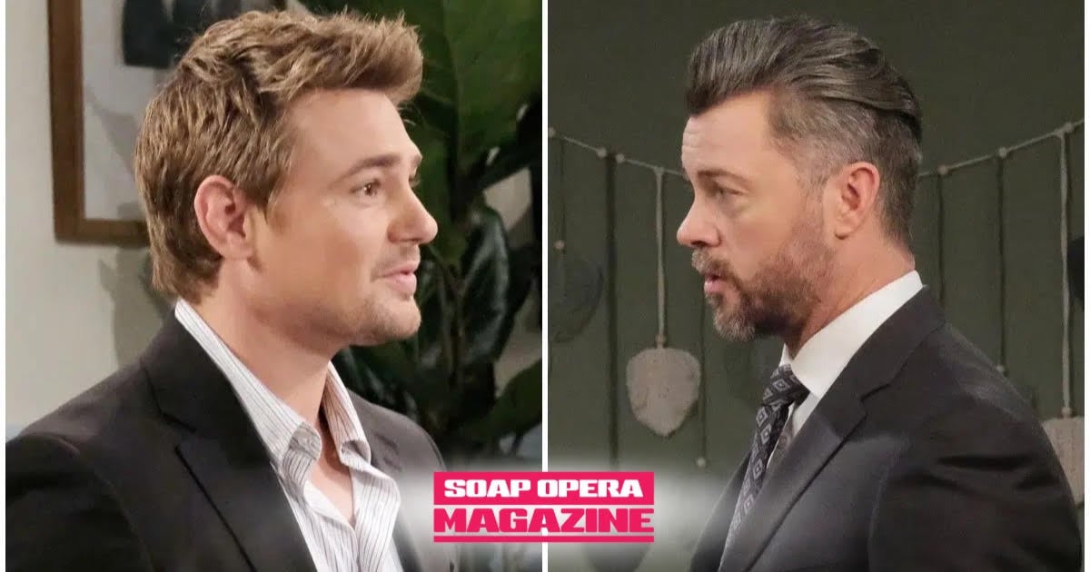 Johnny DiMera right, cornered but steady. DiMera mansion living room behind them
