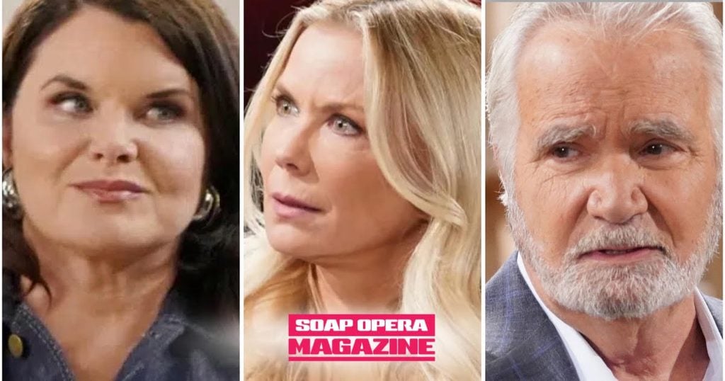 Katie Logan smirks between a furious Brooke Logan and a devastated Eric Forrester as the House of Logan war drains Forrester Creations on The Bold and the Beautiful