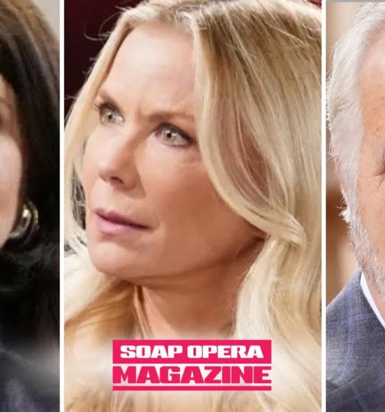 Katie Logan smirks between a furious Brooke Logan and a devastated Eric Forrester as the House of Logan war drains Forrester Creations on The Bold and the Beautiful