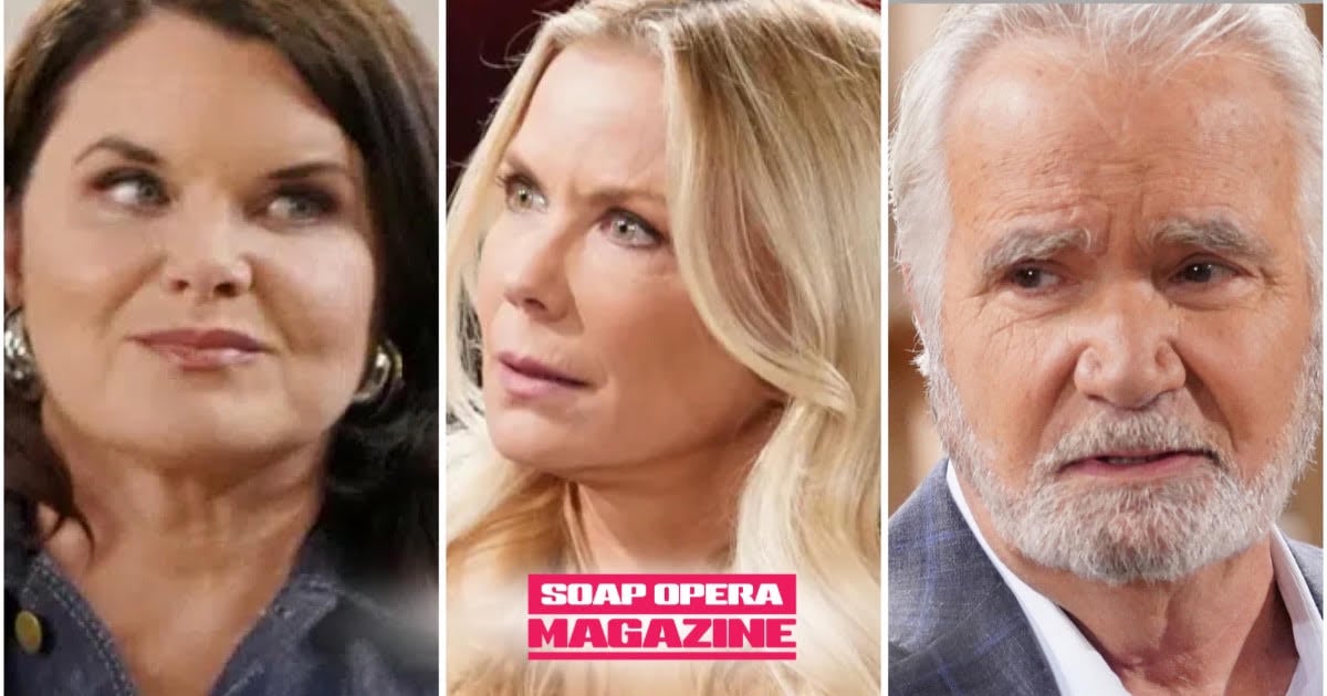 Katie Logan smirks between a furious Brooke Logan and a devastated Eric Forrester as the House of Logan war drains Forrester Creations on The Bold and the Beautiful