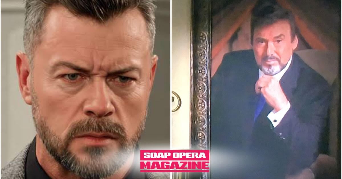 EJ DiMera (Dan Feuerriegel) finds blood on his shirt cuff below his late father Stefano DiMera's (Joseph Mascolo) portrait in Days of Our Lives spoilers, week of October 26, 2026