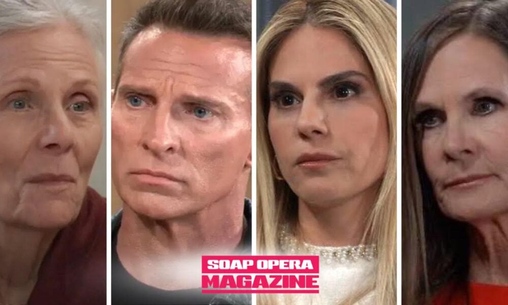 Tracy Quartermaine, Jason Morgan, Serena Baldwin and Lucy Coe as Tracy asks Jason whether Lucy tried to take control of Deception on General Hospital